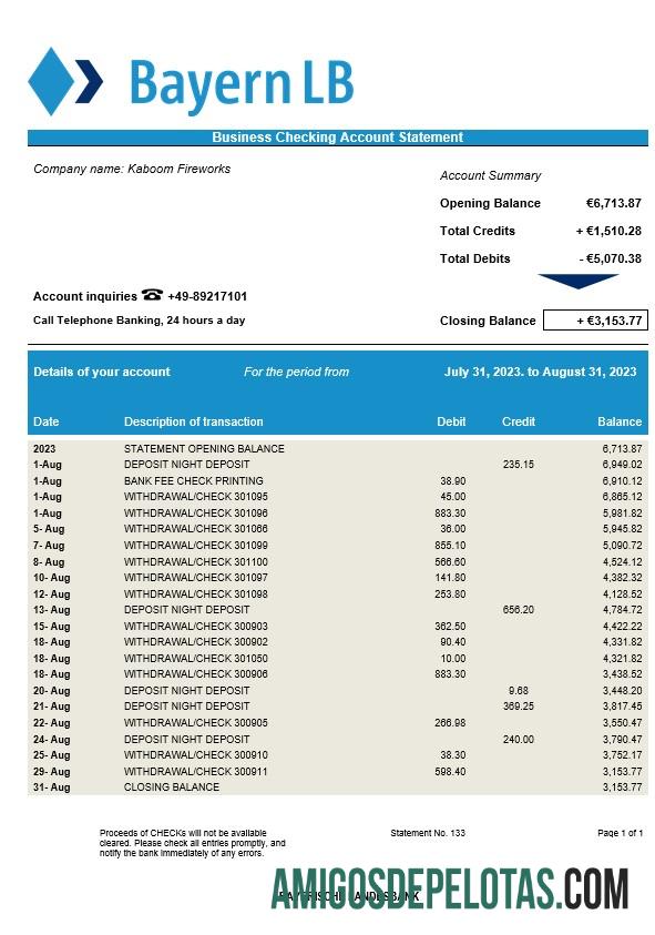 Baixável Bayerische Landesbank Bank Firm modelo de extrato de conta Word e PDF